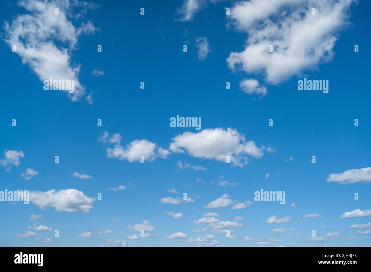 The horizontal photo is a blue sky with white fluffy clouds. Background, screensaver. Summer. Cloudy. Sunshine - Stock Image