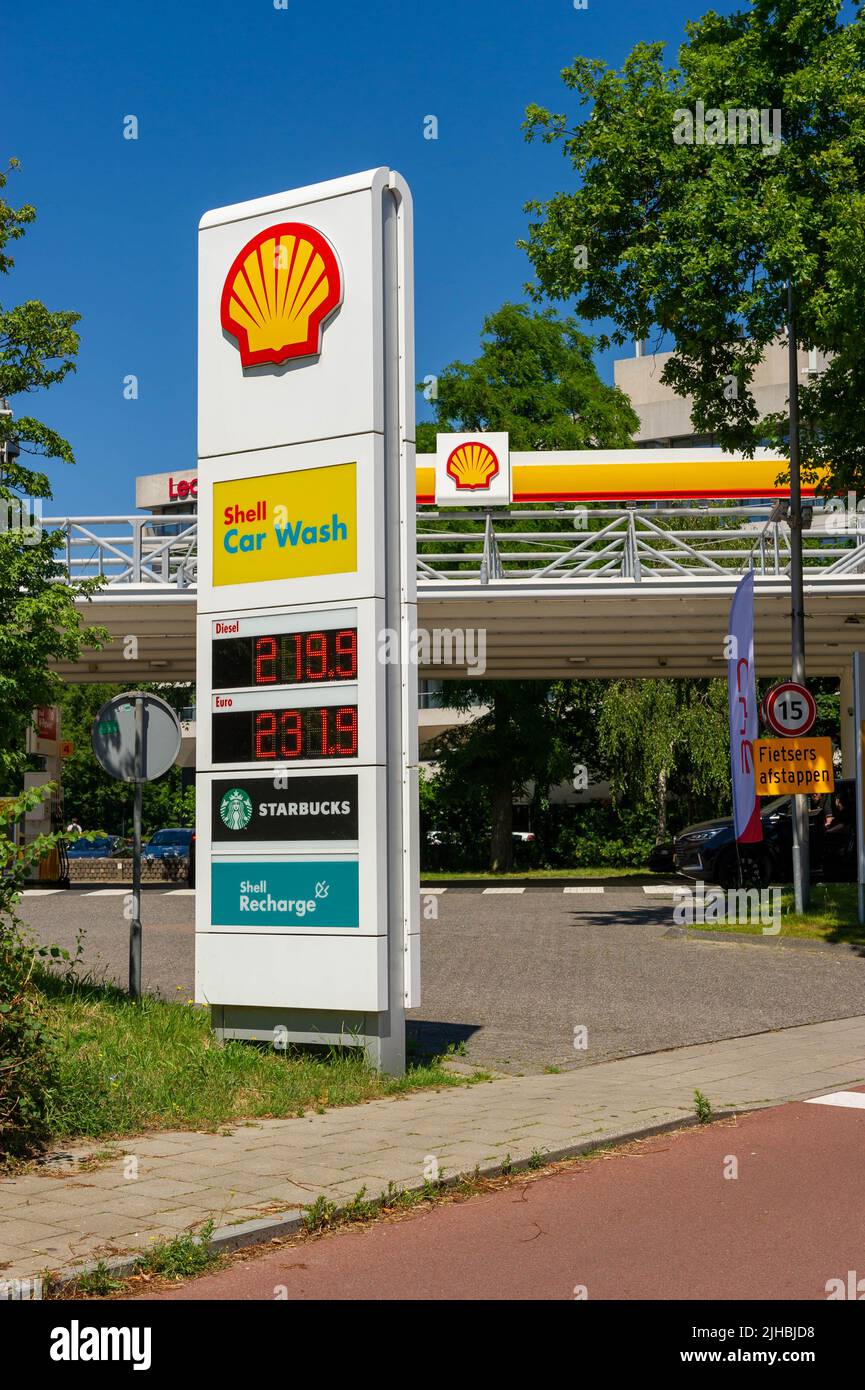 Dutch Shell Fuel Station price sign, showing the high cost of fuel in
