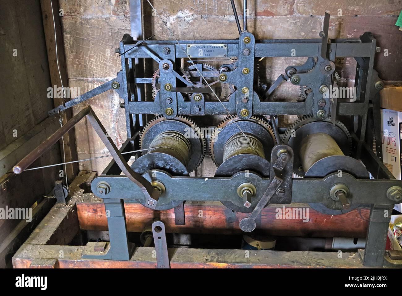 St Wilfrids Church Belltower clock mechanism, prior to 2019, Grappenhall Village, Warrington,Cheshire,England,UK, WA4 2SJ Stock Photo