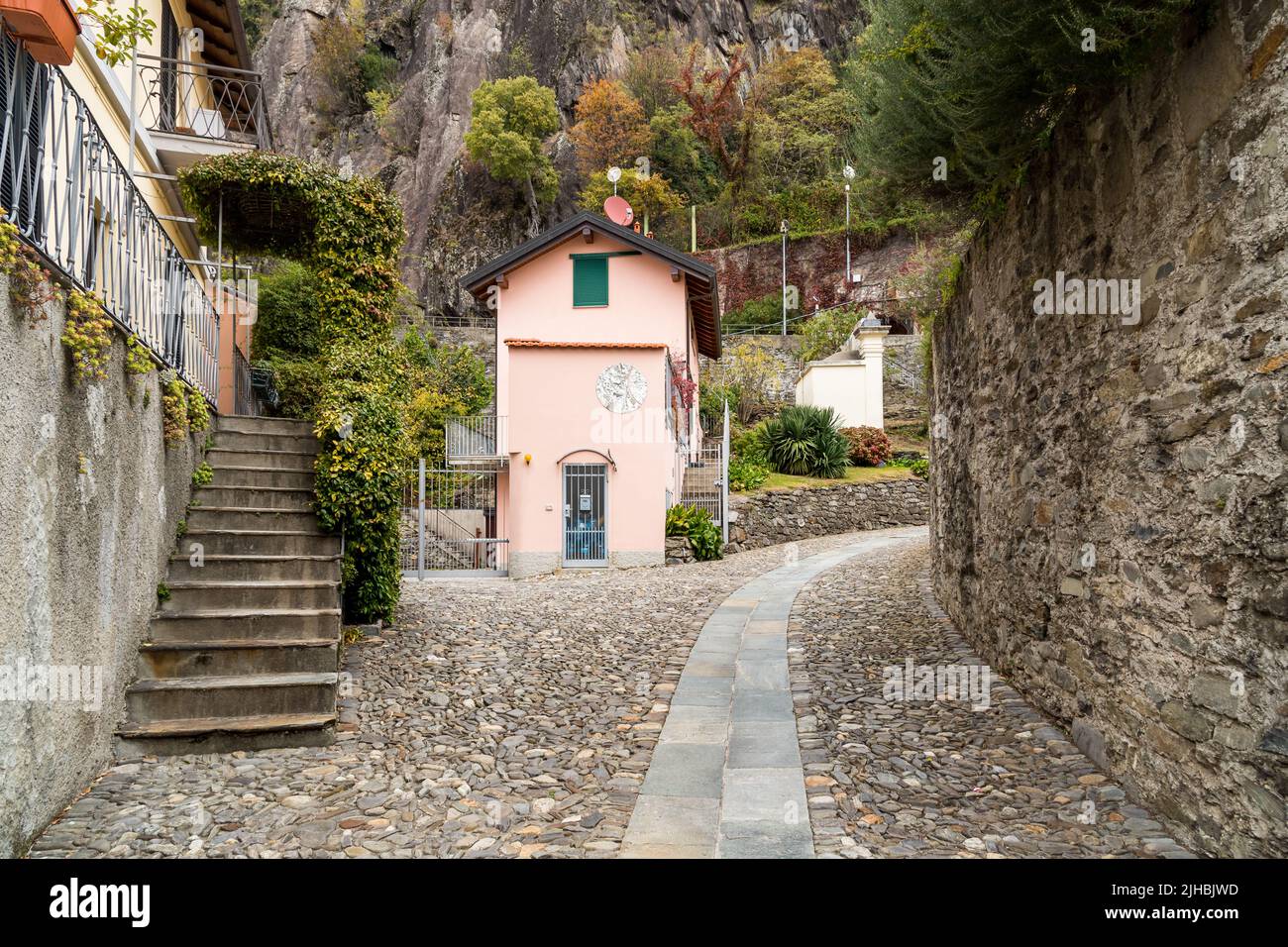 Cobblestone streets in the historic center of Maccagno Inferiore, is village situated on lake Maggiore in province of Varese, Lombardy, Italy Stock Photo