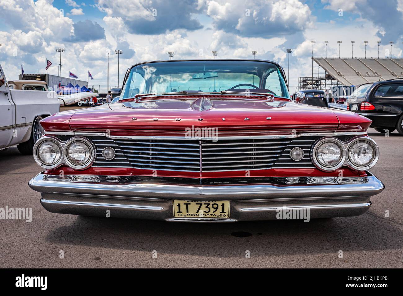 Lebanon, TN - May 14, 2022: Low perspective front view of a 1960 Pontiac Parisienne Hardtop Coupe at a local car show. Stock Photo