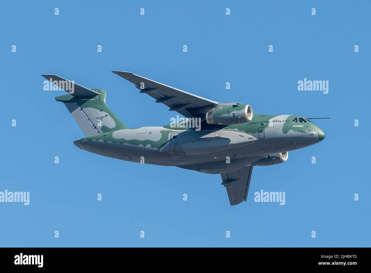 Farnborough Airshow, July 2022. A KC390 transport plane owned by the Força Aérea Brasileira in flight a few days before the airshow begins. Stock Photo