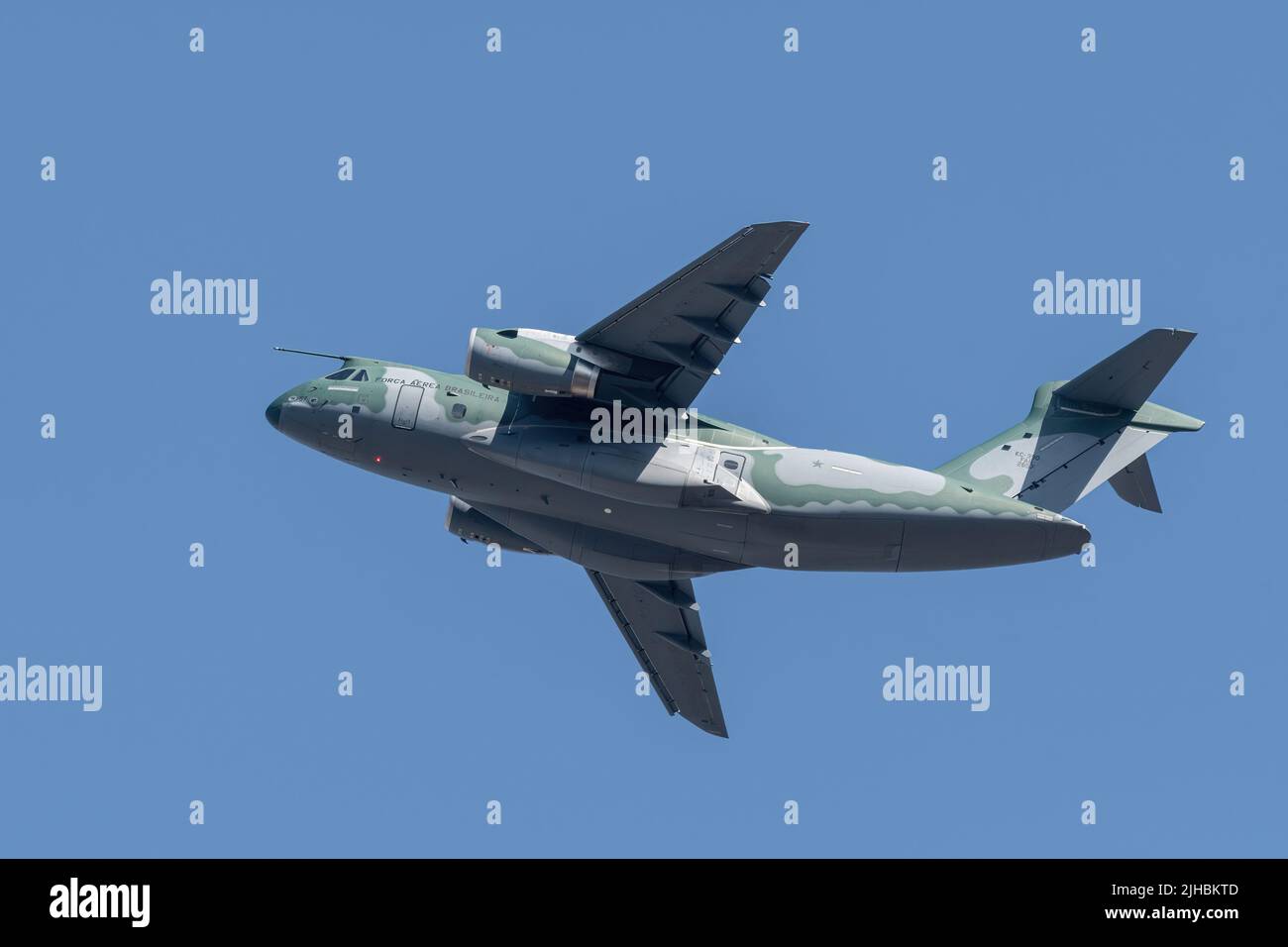 Farnborough Airshow, July 2022. A KC390 transport plane owned by the Força Aérea Brasileira in flight a few days before the airshow begins. Stock Photo