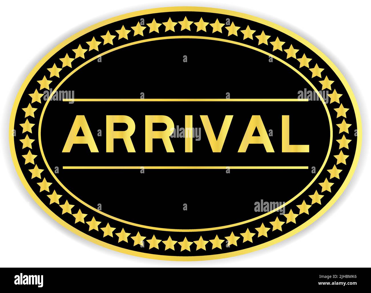 Black and gold color oval label sticker with word arrival on white background Stock Vector