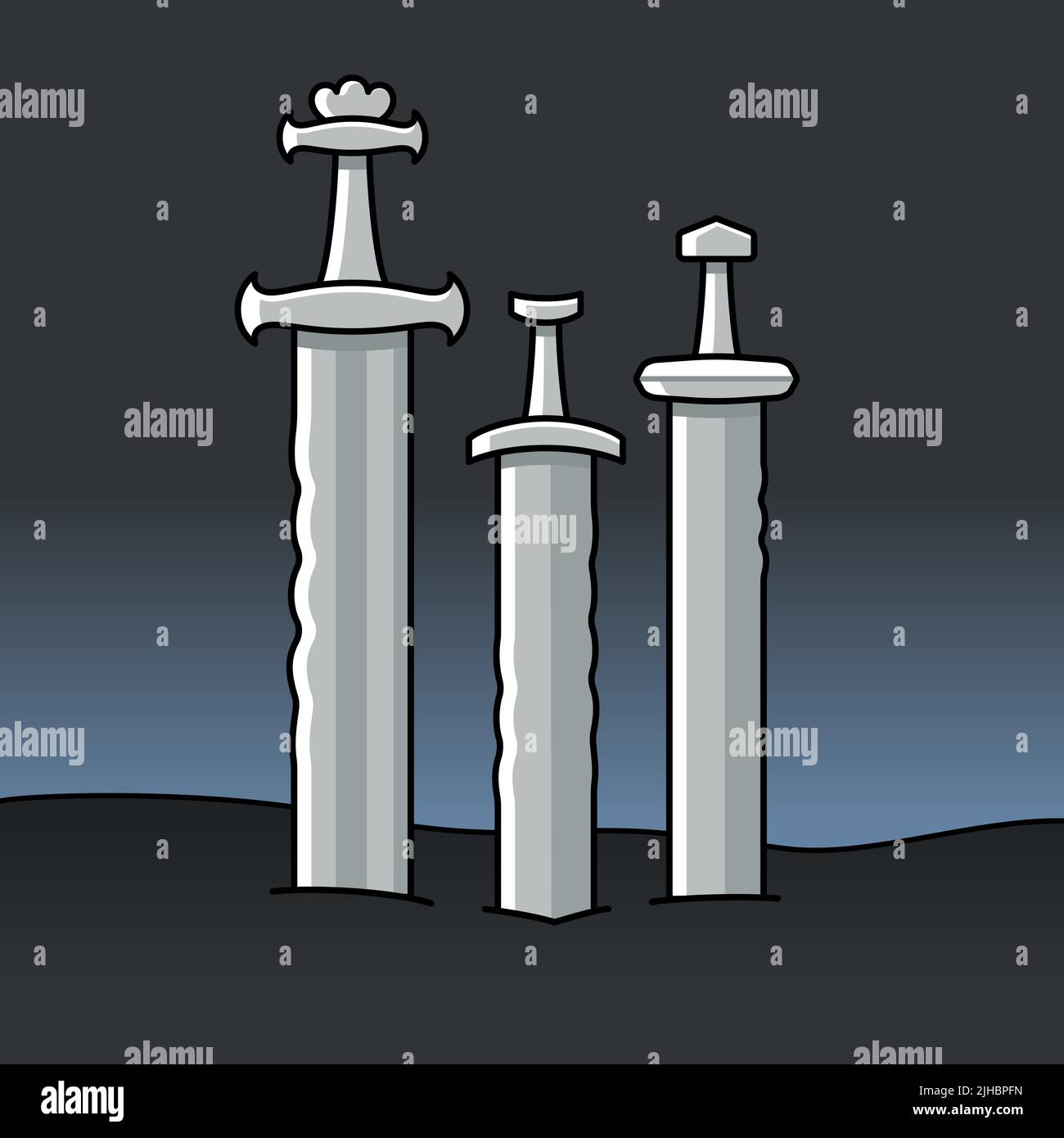 Sverd i fjell (Swords in Rock) monument in Norway. Cartoon vector illustration on dark background. Stock Vector