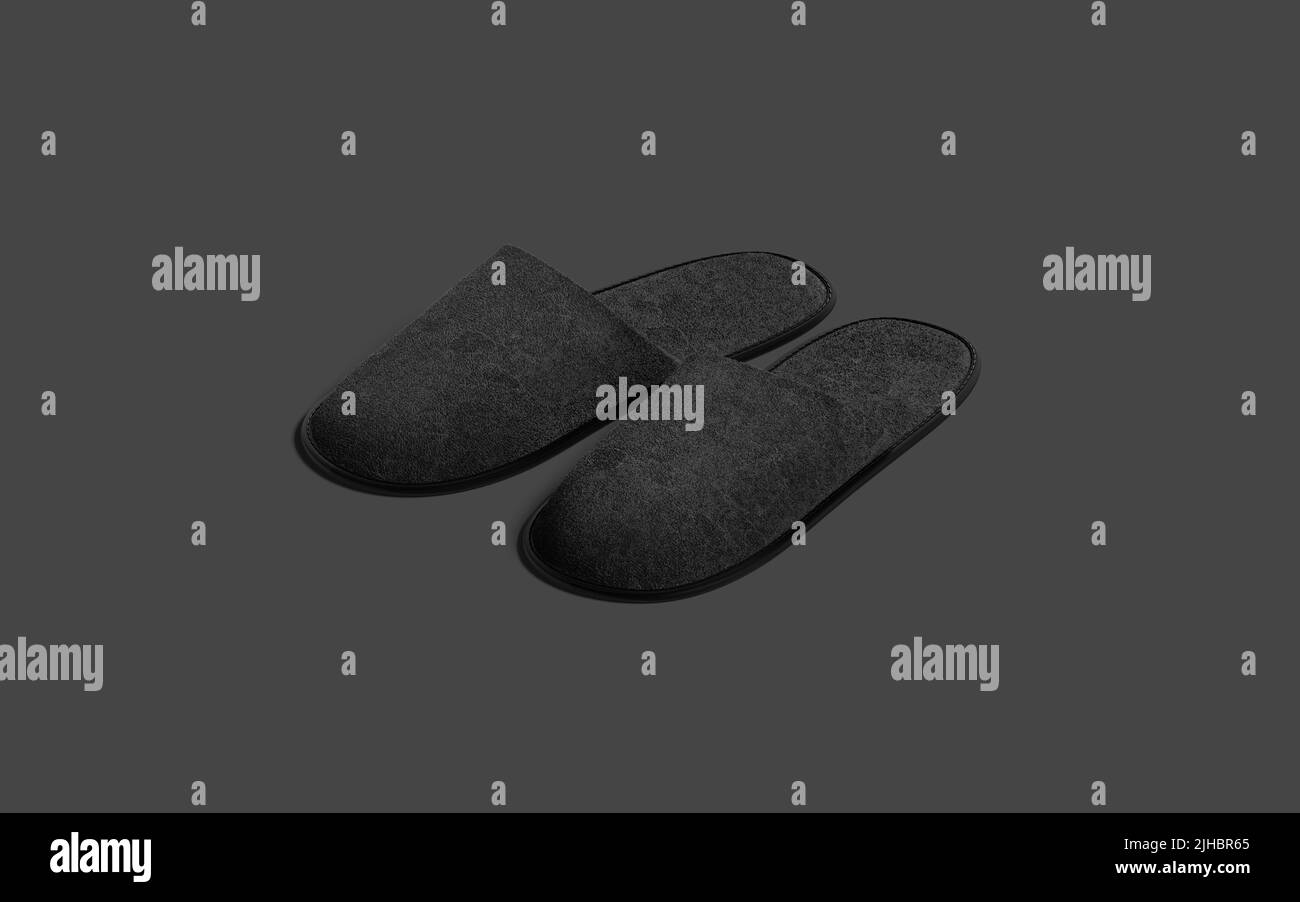 Blank black home slippers mockup, dark background Stock Photo