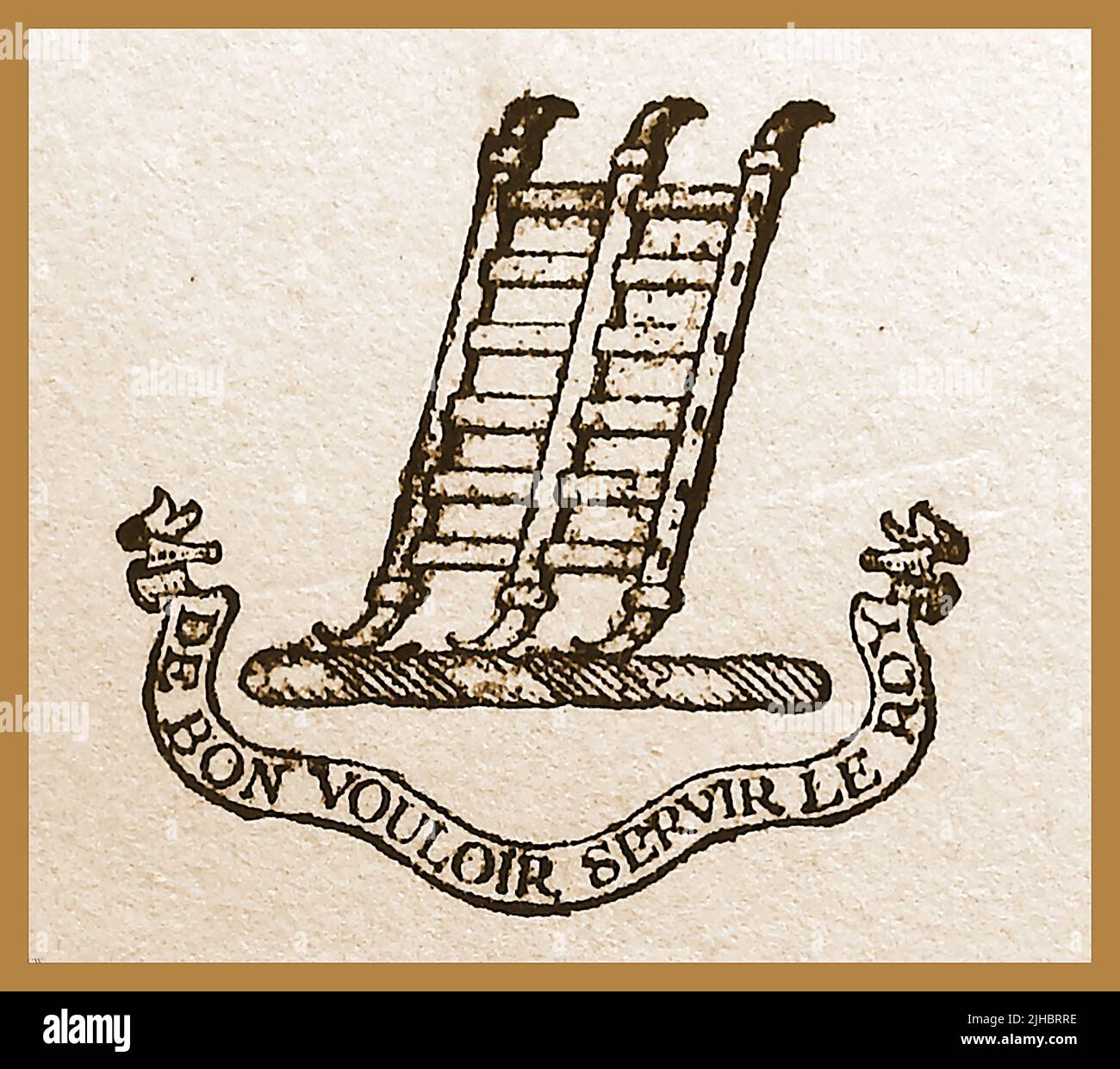 BENNET FAMILY MOTTO ,UK. The Bennet family motto is de bon vouloir servir le roy, which means to serve the king with good will. It also serves as the motto of the   Earl of Tankerville with a subsidiary title of Baron Ossulston through the Bennet family connection. The symbol may represent a ladder as a more modern looking ladder features on the motto of  the Tankerville and Earl of Bennet, of the haunted Chillingham Castle, Belford, Northumberland family. The Tankerville family are believed to have descended from the Viking Tancred the Fleming. Chillingham castle was originally a monastery. Stock Photo