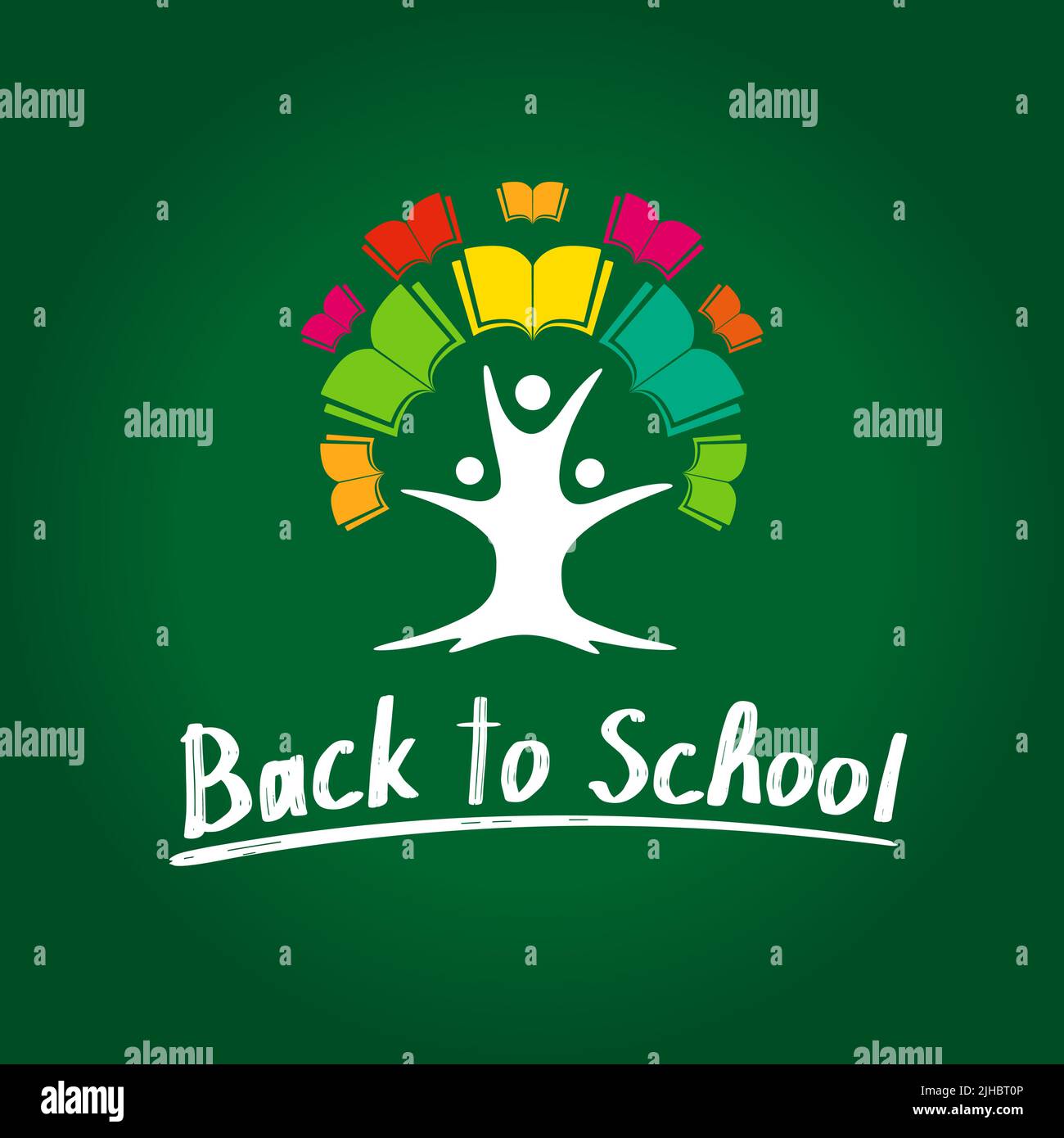 Back to school tree icon with colored books and handwriting style text on green blackboard. Educational logo concept. Isolated abstract graphic design Stock Vector