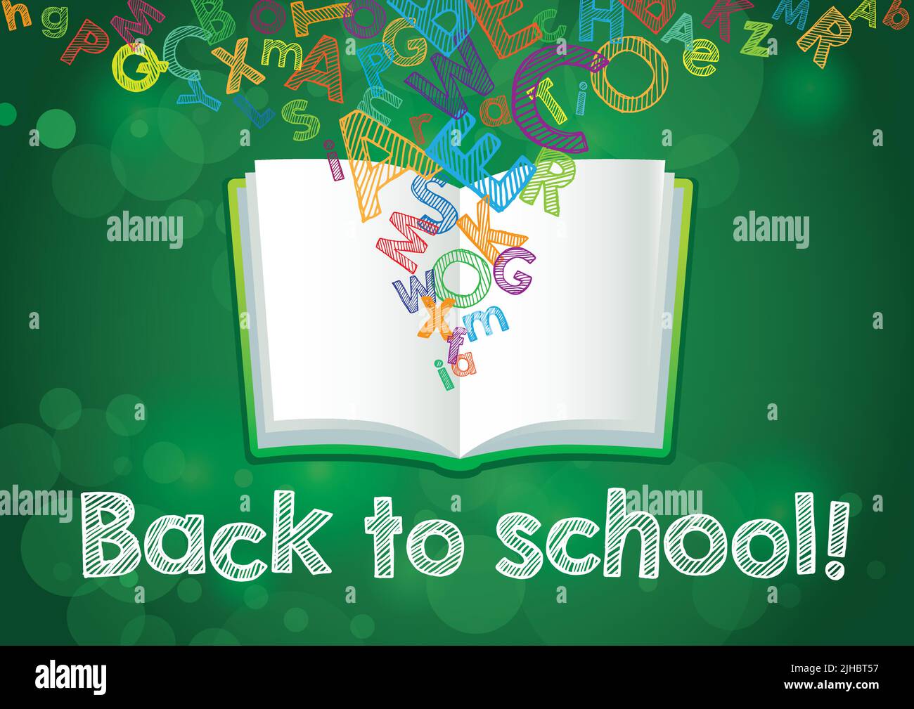 Back to School book banner. Open book with flying ABC letters, creative background. 3D style. Sample place for invitating or congratulating text. Isol Stock Vector
