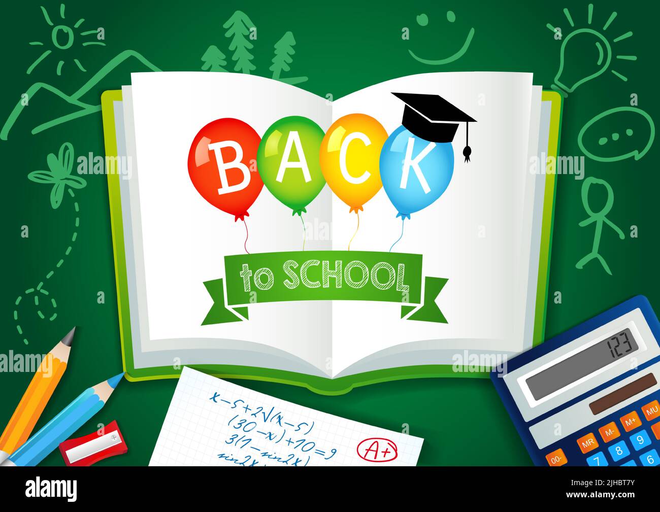 Back to School book banner. Open book with 3D balloons, white pages and motarboard cap. Isolated abstract graphic design template. Handdrawing by chal Stock Vector