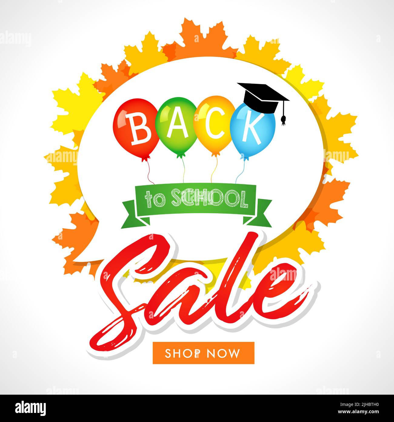 Back to School Sale icon or banner concept. Maple leaves, academic cap and 3D balloons. School background with dialogue cloud. Isolated abstract graph Stock Vector
