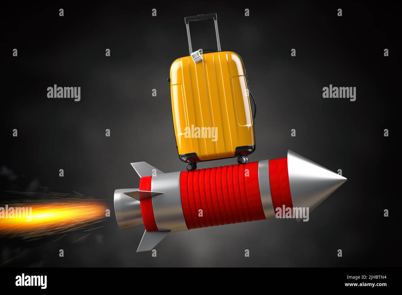 Fast delivery baggage and luggage concept, growth of tourism and travel. Suitcase on a flying rocket. 3d illustration Stock Photo