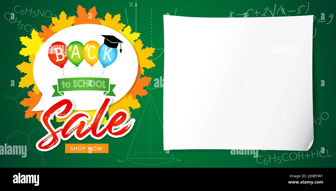 Back to School Sale flyer or coupon card sample template. Maple leaves and 3D balloons, dialogue cloud. School background with 3D sheet of paper. Isol Stock Vector