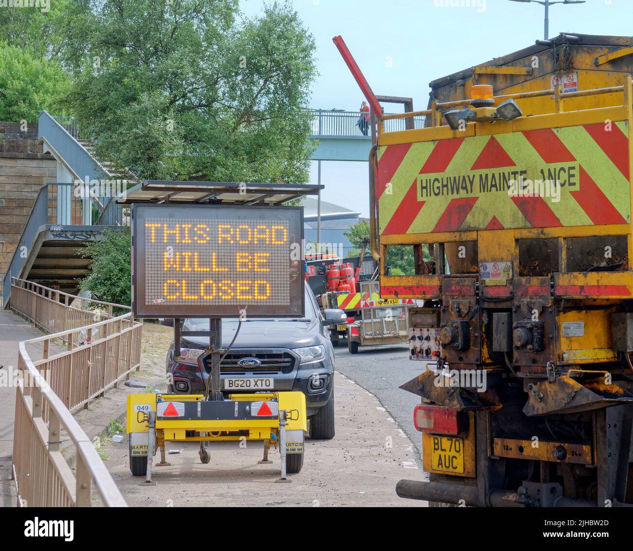 Glasgow, Scotland, UK 17th July, 2022. Dangerous vandalised road signs route 66 on the clydeside expressway near the hydro as roadworks continue local wags have overwritten signs with a nod to “route 66”.  Credit Gerard Ferry/Alamy Live News Stock Photo