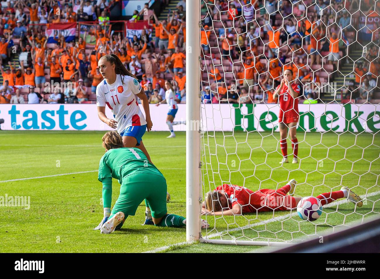 SHEFFIELD - Ana Maria Crnogorcevic of Switzerland women scores the 0-1 own goal during the UEFA Women's EURO England 2022 match between Switzerland and the Netherlands at Bramall Lane stadium on July 17, 2022 in Sheffield, United Kingdom. ANP GERRIT VAN COLOGNE Stock Photo