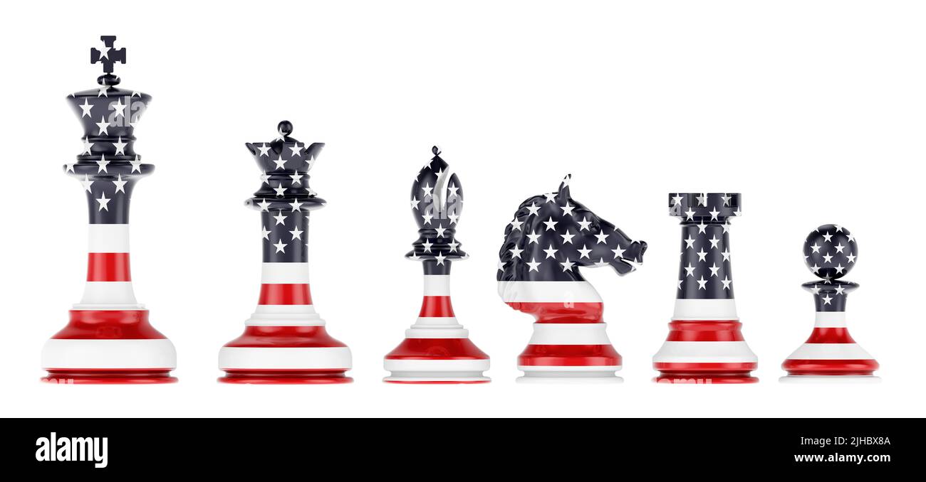 Chess figures with the United States flag, 3D rendering isolated on white background Stock Photo