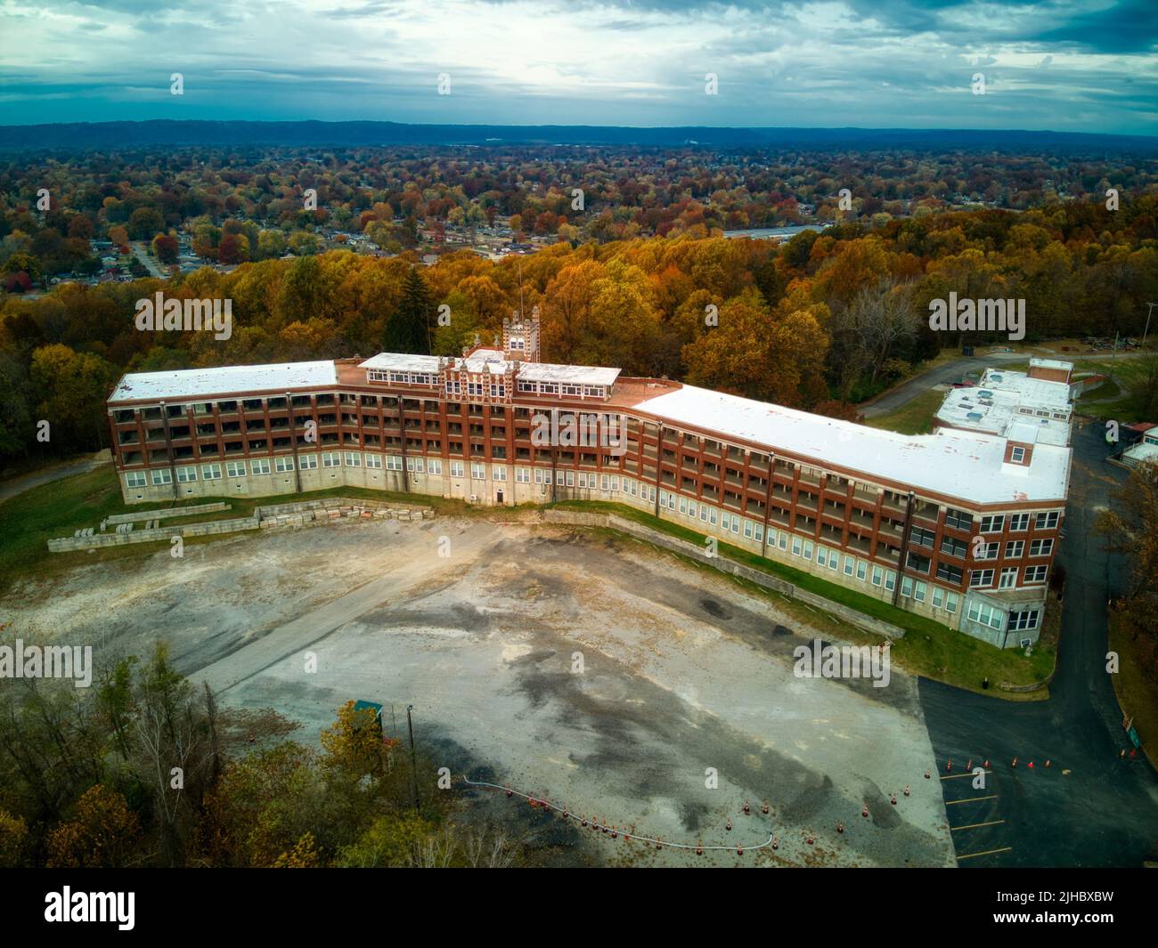 An aerial drone shot of the Waverly Hills Sanatorium in Louisville