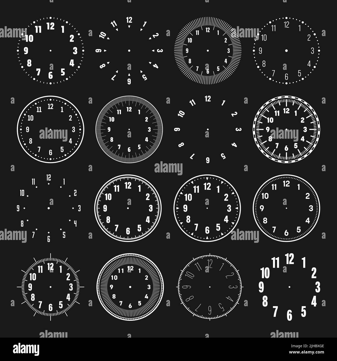 Mechanical clock faces with arabic numerals, bezel. White watch dial