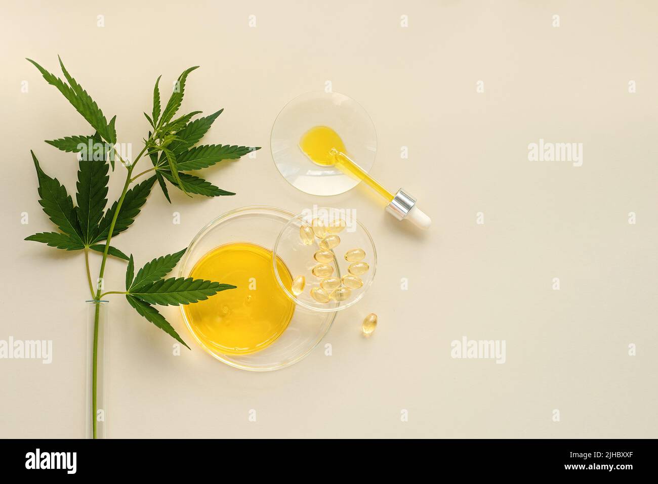 CBD oil in a pipette, capsules, THC tincture and cannabis leaves in a test tube on a beige background. Flat lay, copy space, minimalism Background con Stock Photo