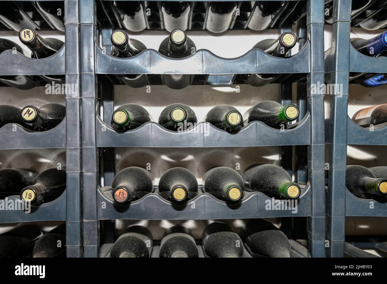 Bottled wines on the shelves inside an underground cellar Stock Photo