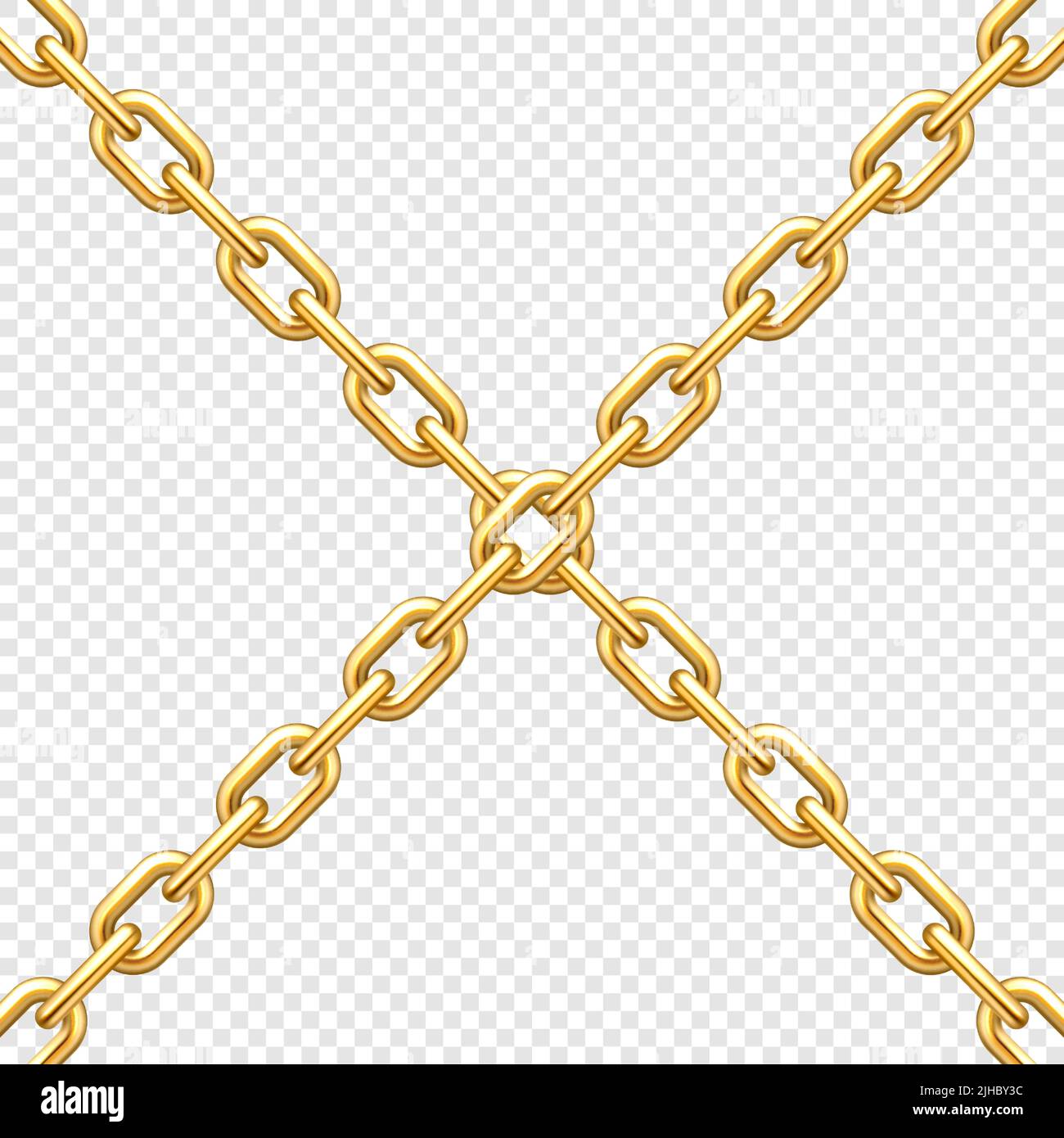 Realistic crossing metal chains with golden links on transparent
