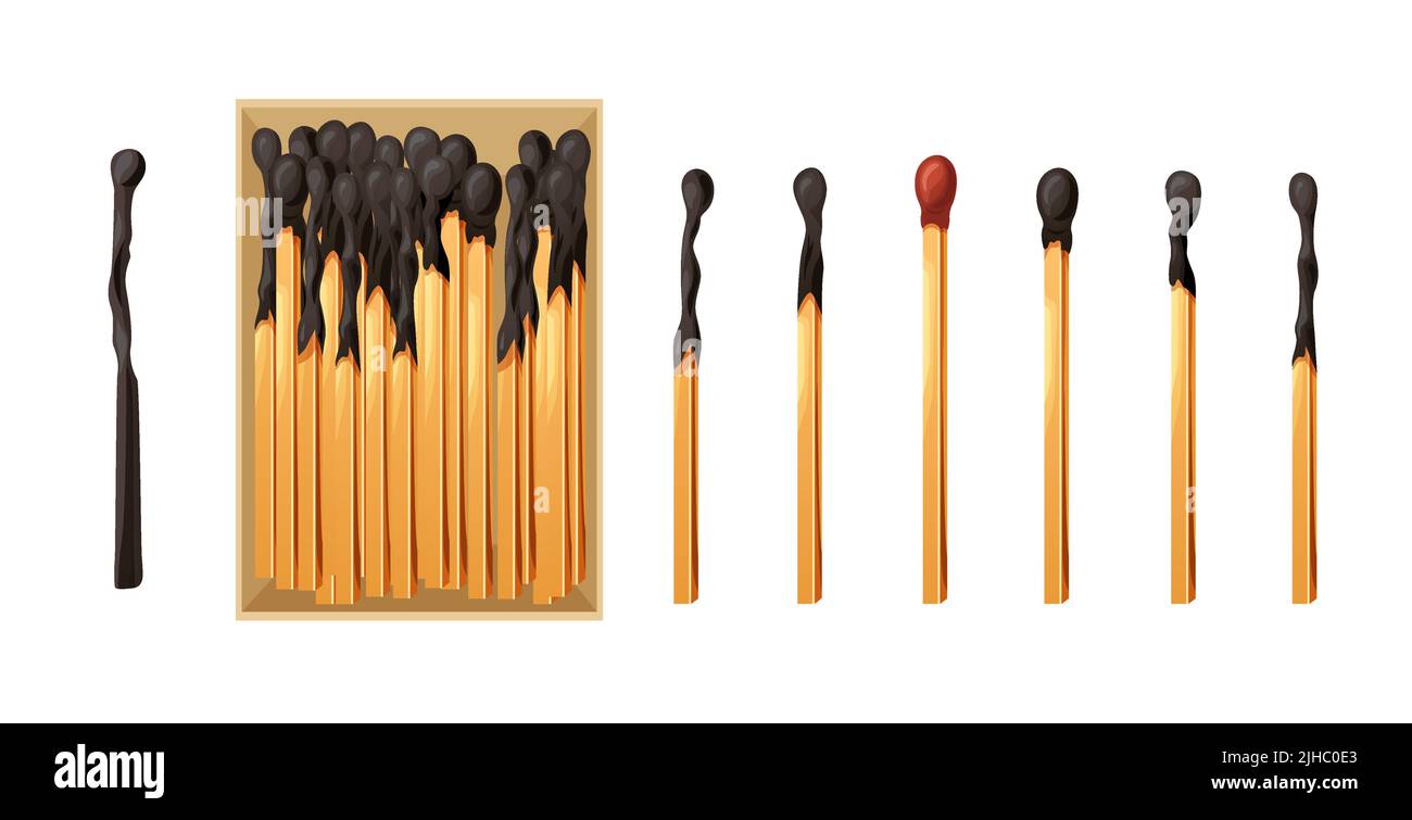 Match box with burnt sticks. Set of matchsticks with sulfur head ...
