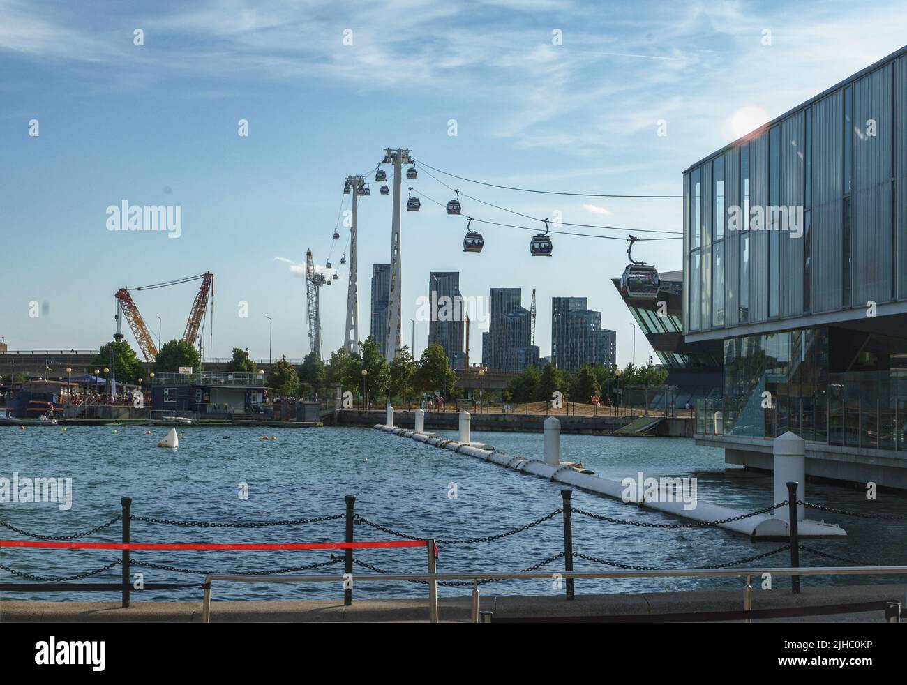 The Emirates Cable Car route above the docklands area, London, UK