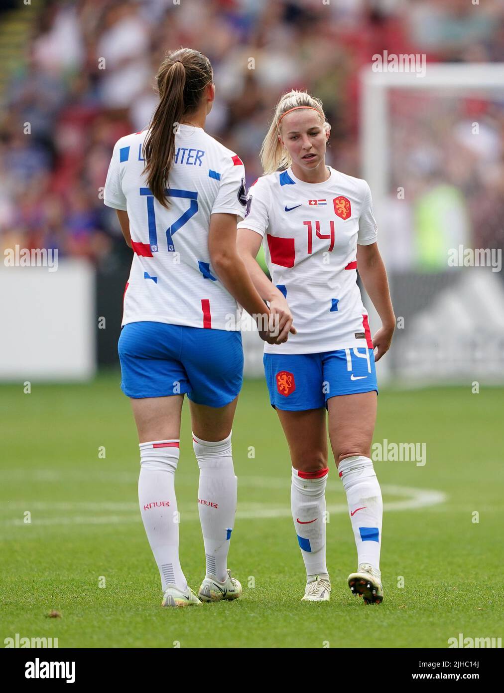 Netherlands' Romee Leuchter and Jackie Groenen celebrate following the UEFA Women's Euro 2022 Group C match at Bramall Lane, Sheffield. Picture date: Sunday July 17, 2022. Stock Photo