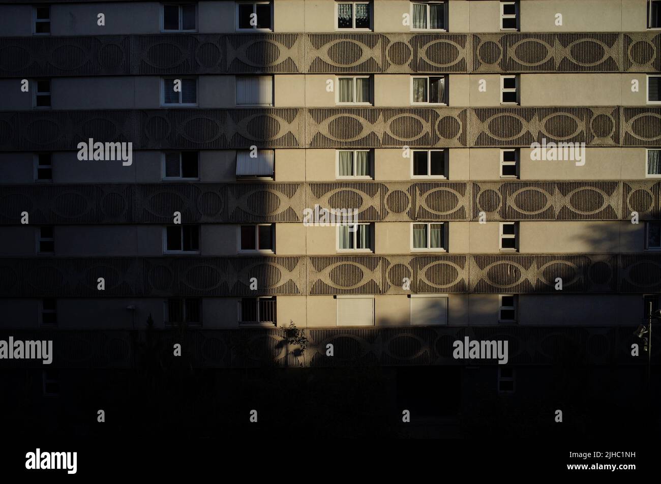 Social Housing (HLM) apartment block facade, 4 rue de Crimée, 75019, Paris, France Stock Photo