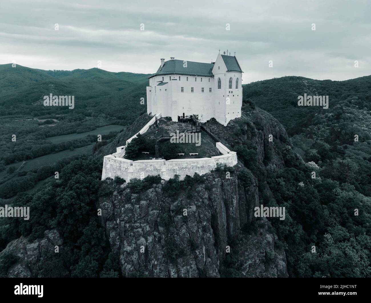 Aerial View Of A Medieval Castle On A Hilltop In Fuzer, Hungary Stock