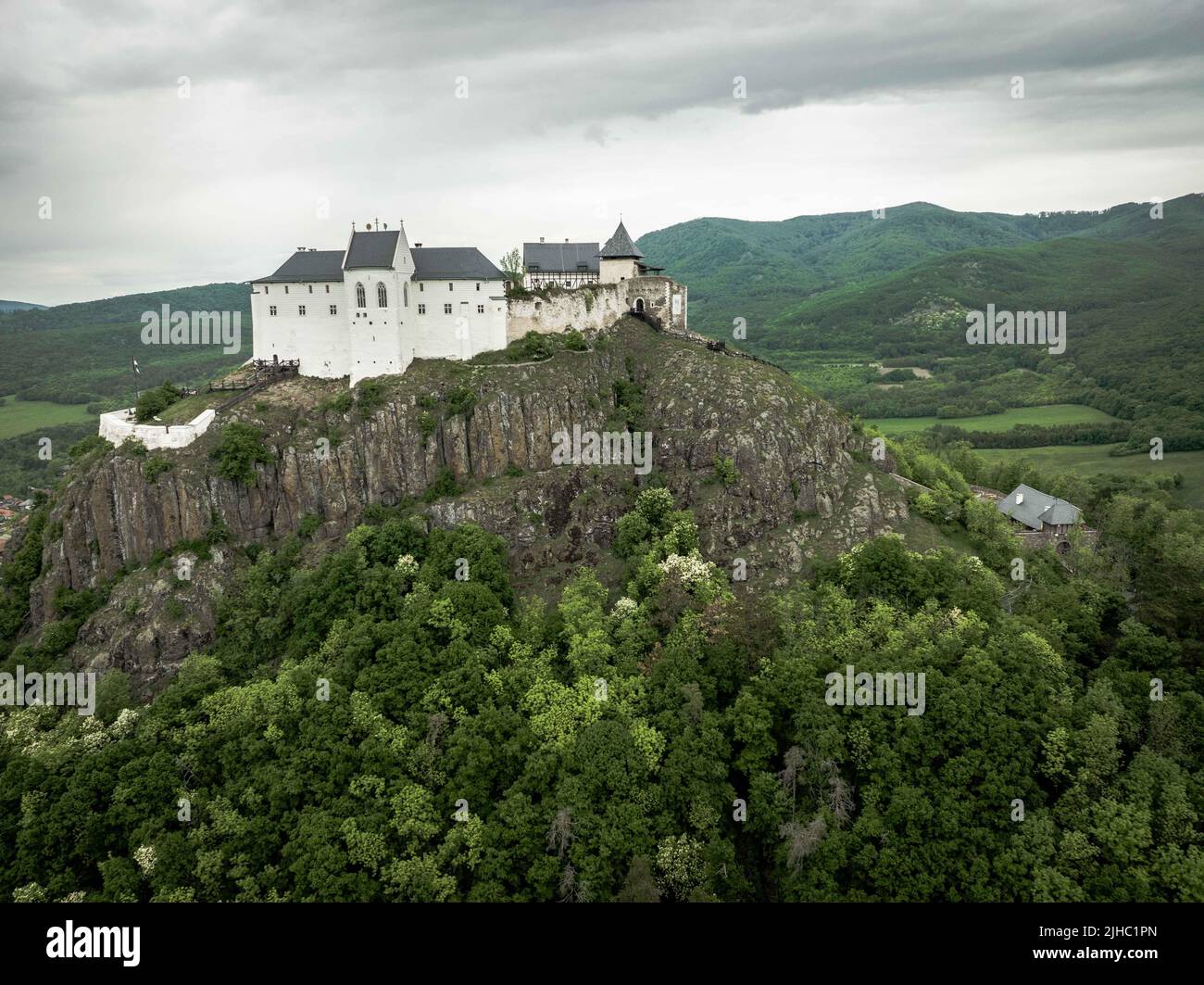 Aerial View Of A Medieval Castle On A Hilltop In Fuzer, Hungary Stock