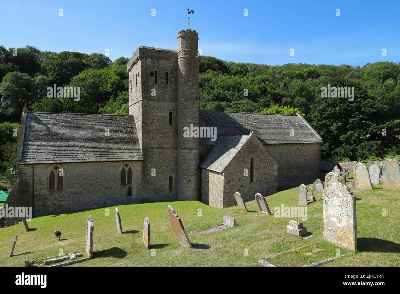 Saint Winifred's Church in Branscombe in Devon, England. The church is dedicated to Saint Winifred, a Welsh saint and  dates back as far as about 995. Stock Photo