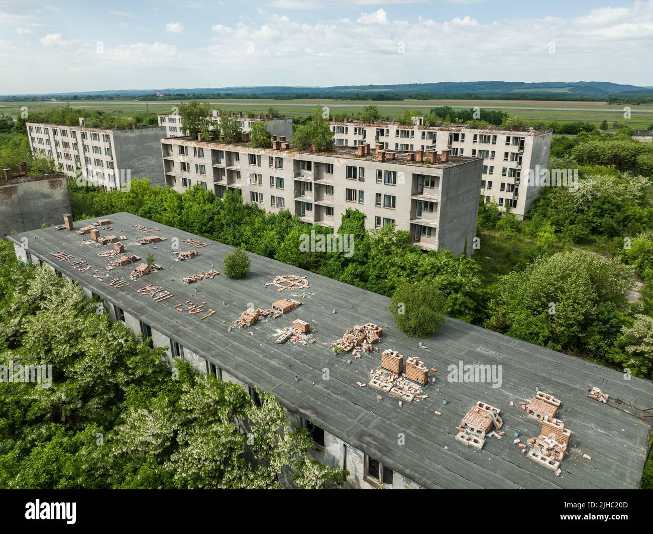 Aerial view of an abandoned housing estate in the village of Sarmellek