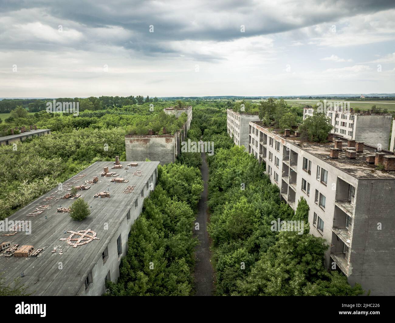 Aerial view of an abandoned housing estate in the village of Sarmellek
