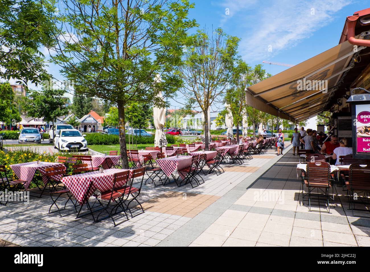 Restaurant terraces, Hévíz Nagyparkoló tér, Heviz, Hungary Stock Photo
