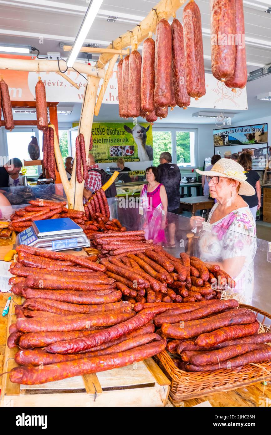 Salami sausages, Market, Heviz, Hungary Stock Photo
