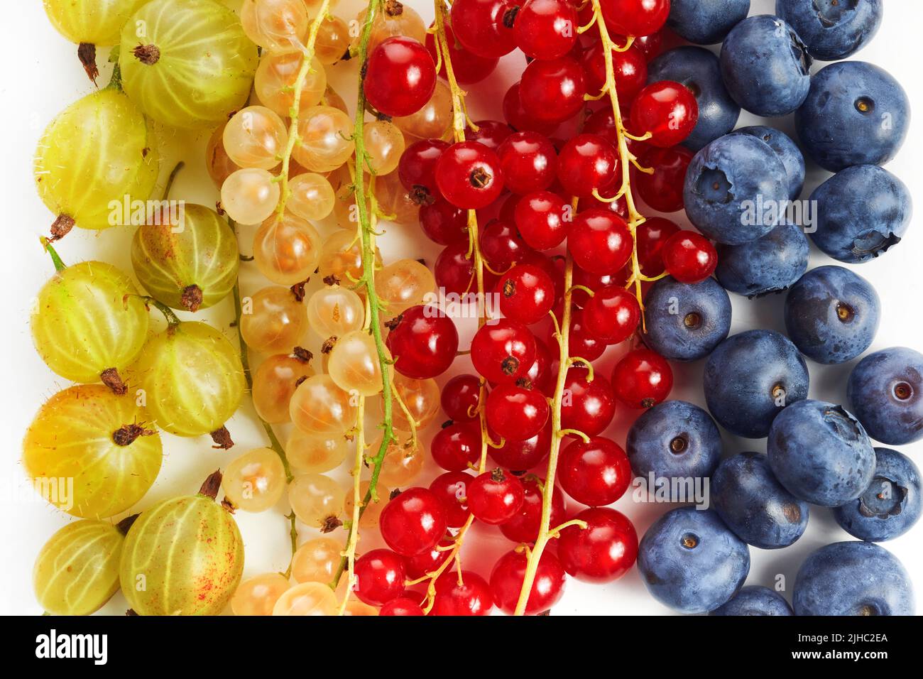 Berries overhead colorful assorted mix of gooseberry, blueberry, red currant. Stock Photo