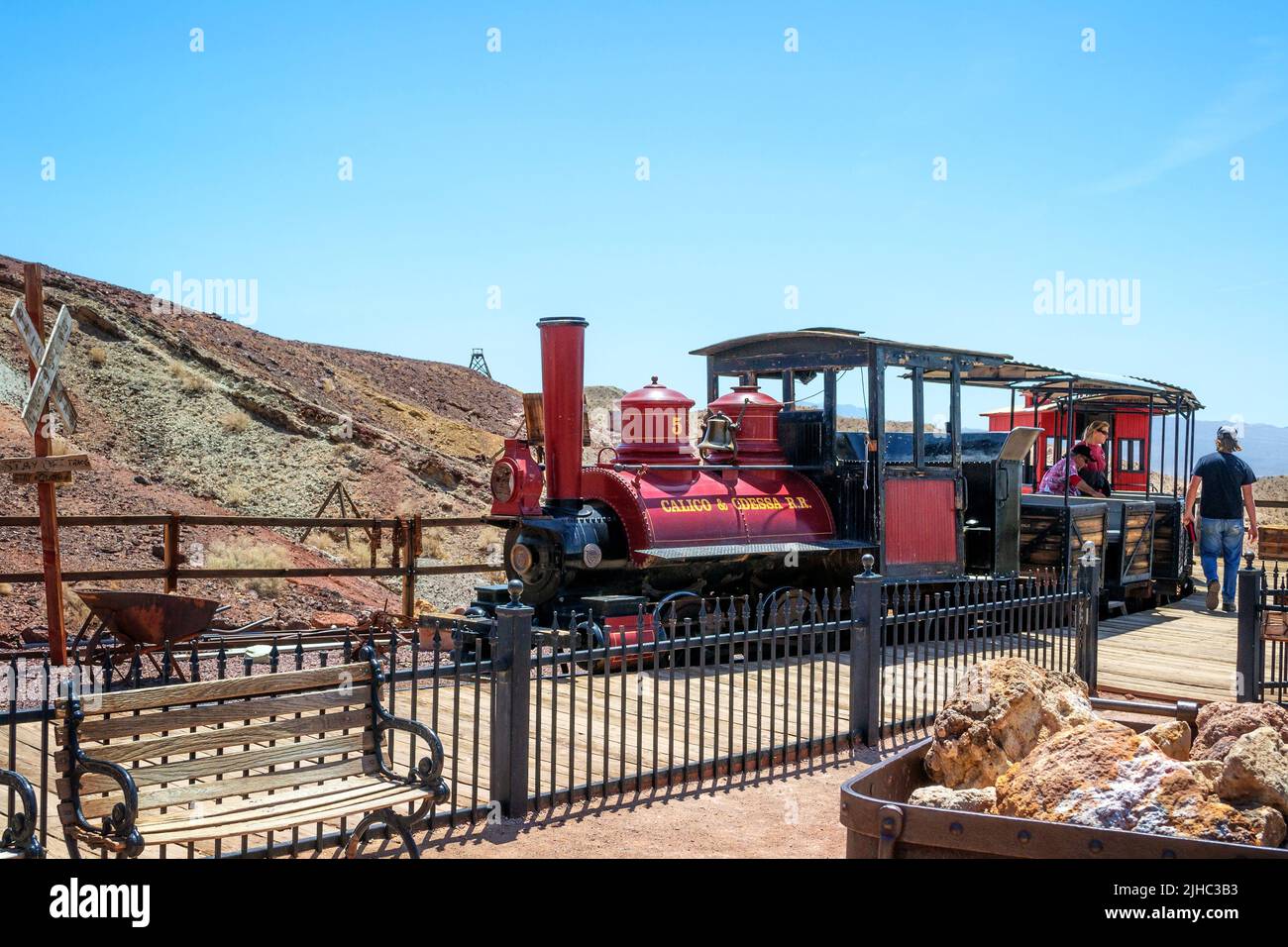 Vintage locomotive with carriage in old silver miner town Calico, USA. Stock Photo