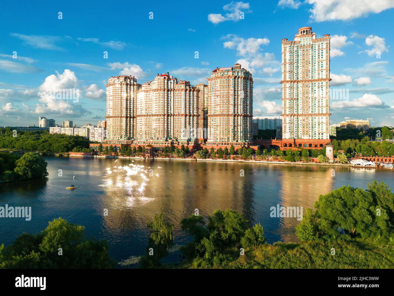 Housing complex Alye Parusa at Moskva River, Moscow, Russia. Scenic aerial view of tall living buildings in Moscow city northwest. Scenery of Moscow r Stock Photo