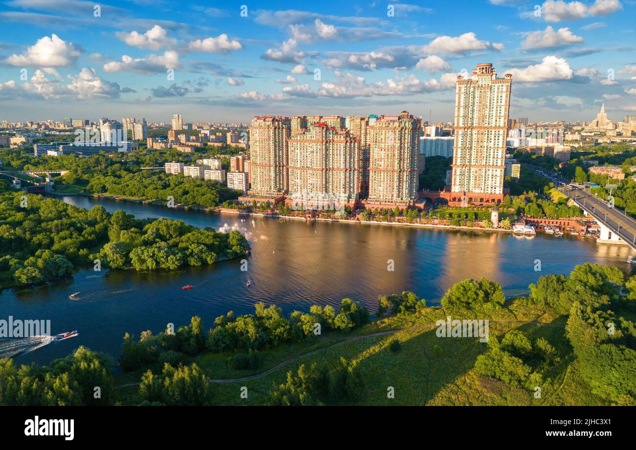 Housing complex Alye Parusa at Moskva River, Moscow, Russia. Scenic aerial view of tall living buildings in Moscow, city skyline. Nice landscape of Mo Stock Photo