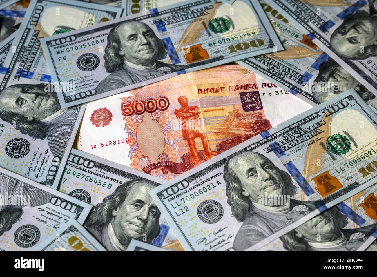 Russian ruble money vs US dollar, ruble banknote between dollar bills. Concept of sanctions, strong currency, confrontation, economy of Russia and USA Stock Photo