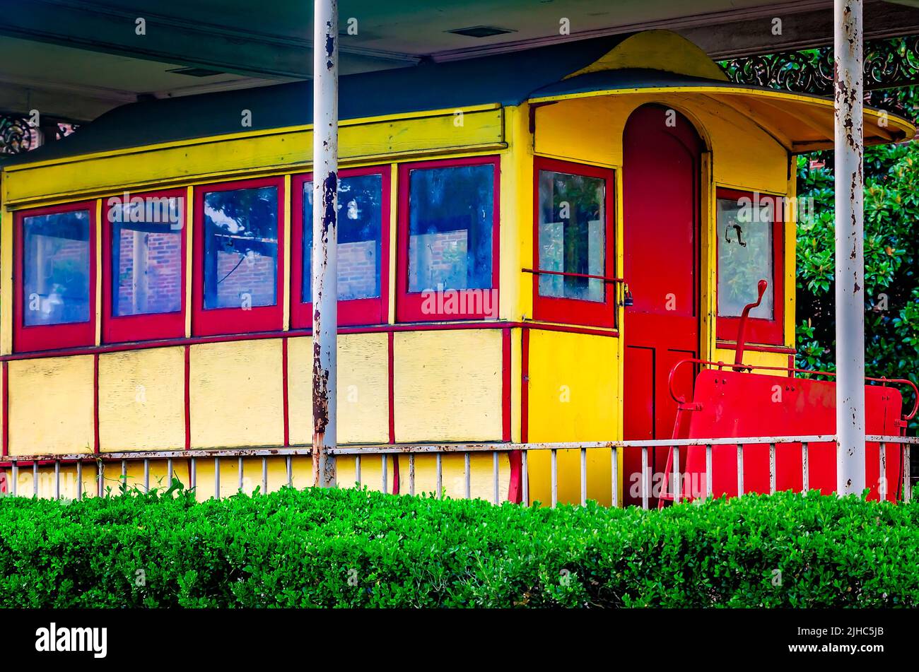 Mobile’s last mule car, retired from the Toulminville to Lafayette Street run in 1902, is pictured, July 10, 2022, in Mobile, Alabama. Stock Photo