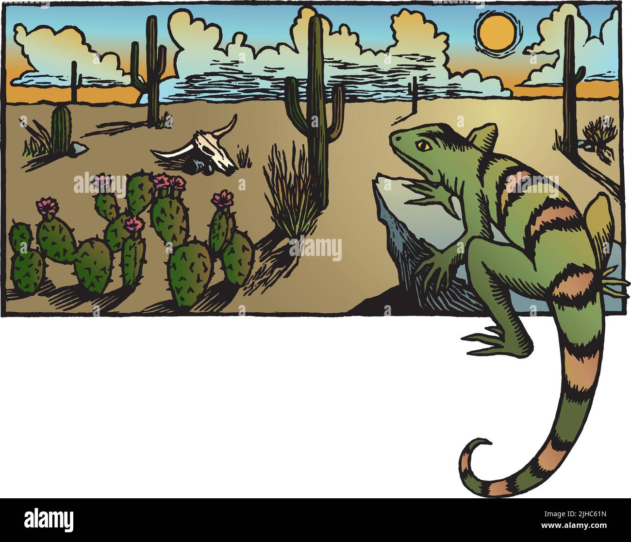A woodcut style vector illustration of a desert landscape with cacti and a lizard. Stock Vector