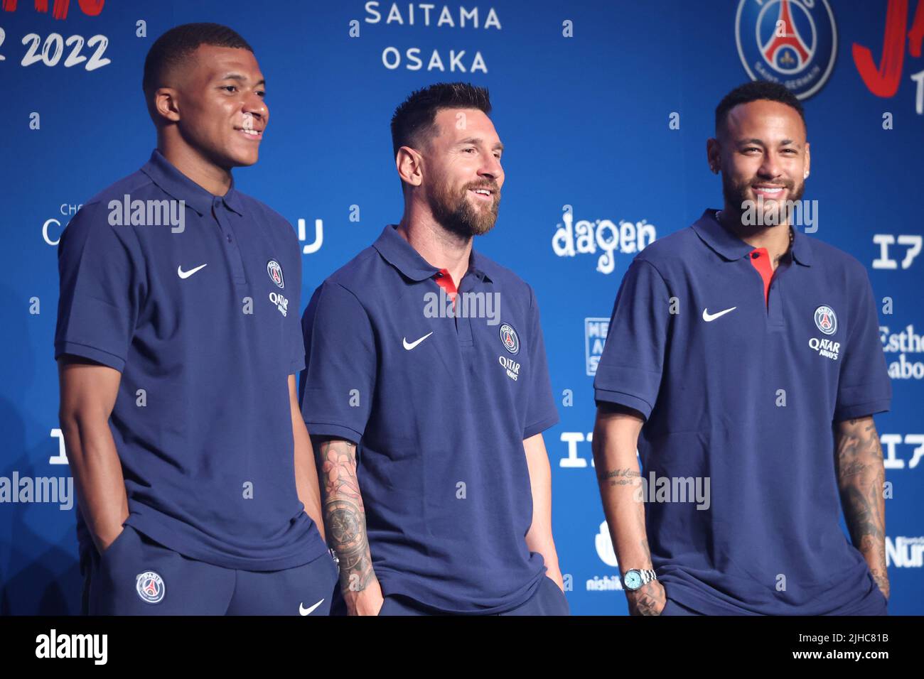 Tokyo, Japan. 17th July, 2022. (L-R) French football club team Paris Saint-Germain star players Kylian Mbappe, Lionel Messi and Neymar Jr pose for photo at a press conference upon their arrival in Tokyo on Sunday, July 17, 2022. Paris Saint-Germain will have Japanese club teams Kawasaki Frontale, Urawa Reds and Gamba Osaka for their Japan tour. Credit: Yoshio Tsunoda/AFLO/Alamy Live News Stock Photo