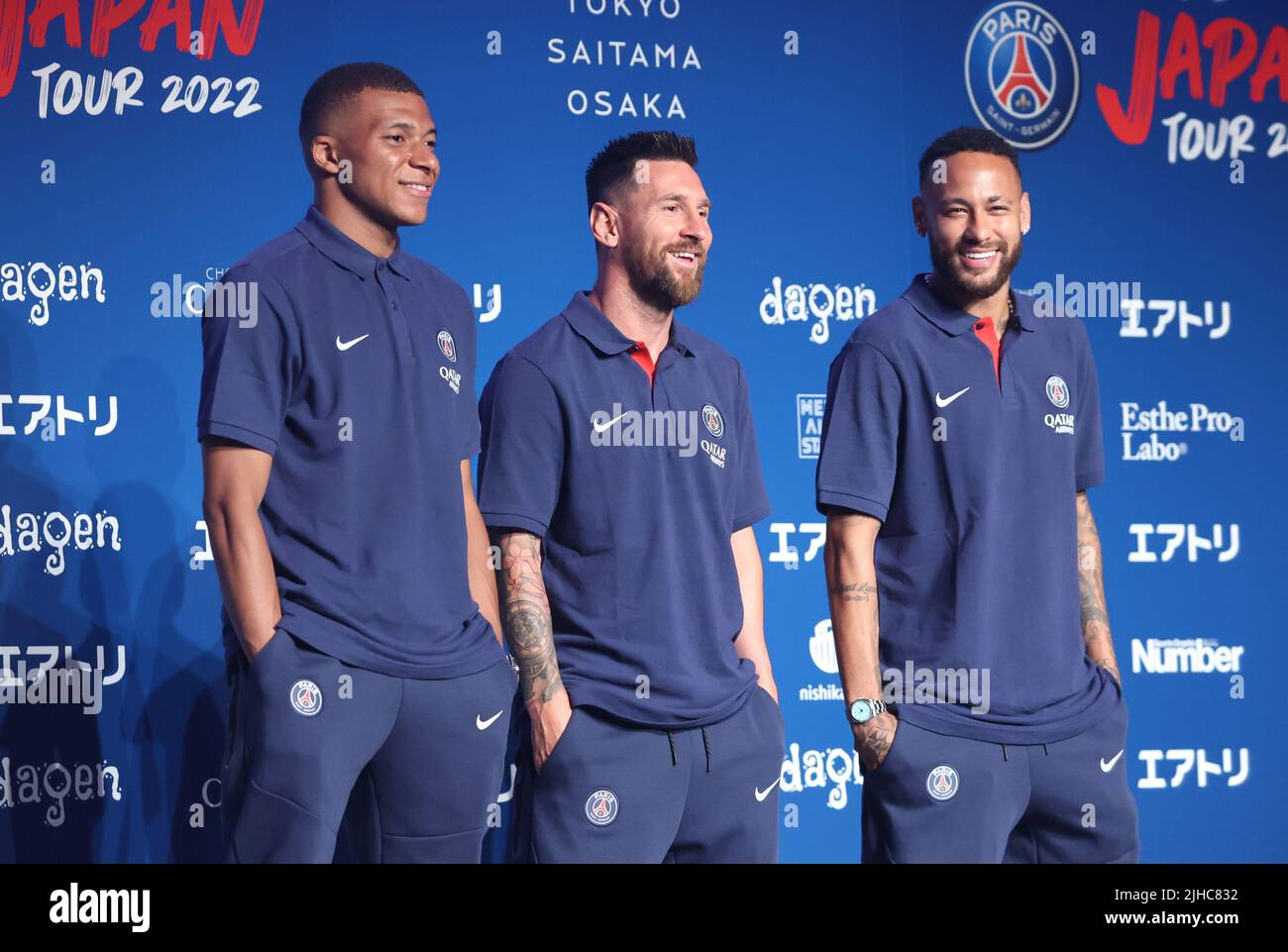 Tokyo, Japan. 17th July, 2022. (L-R) French football club team Paris Saint-Germain star players Kylian Mbappe, Lionel Messi and Neymar Jr pose for photo at a press conference upon their arrival in Tokyo on Sunday, July 17, 2022. Paris Saint-Germain will have Japanese club teams Kawasaki Frontale, Urawa Reds and Gamba Osaka for their Japan tour. Credit: Yoshio Tsunoda/AFLO/Alamy Live News Stock Photo