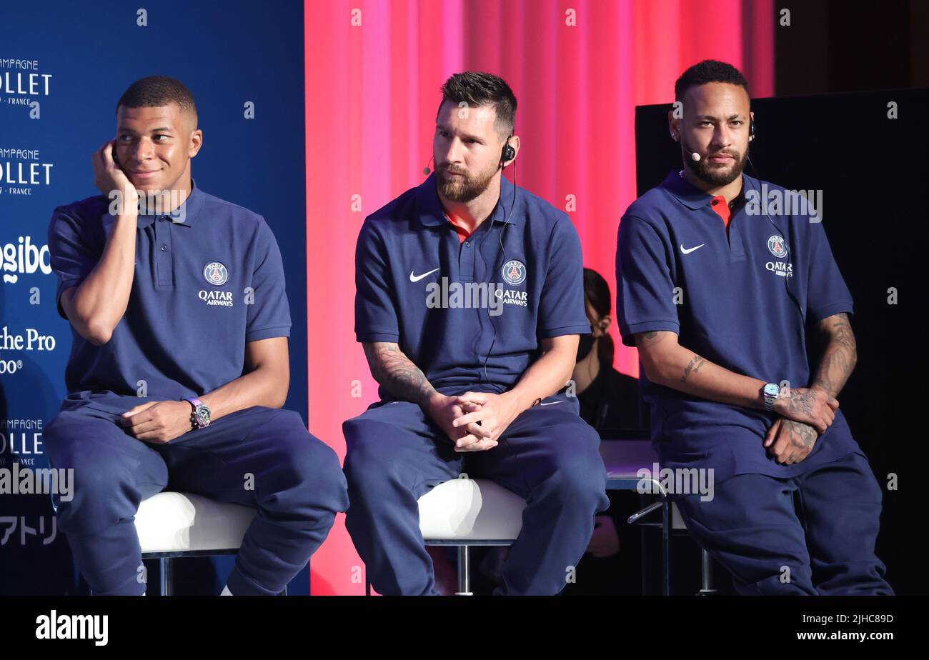 Tokyo, Japan. 17th July, 2022. (L-R) French football club team Paris Saint-Germain star players Kylian Mbappe, Lionel Messi and Neymar Jr attend a press conference upon their arrival in Tokyo on Sunday, July 17, 2022. Paris Saint-Germain will have Japanese club teams Kawasaki Frontale, Urawa Reds and Gamba Osaka for their Japan tour. Credit: Yoshio Tsunoda/AFLO/Alamy Live News Stock Photo