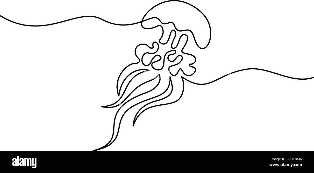 Jellyfish in sea for decoration design. Continuous one line drawing. Vector illustration Stock Vector