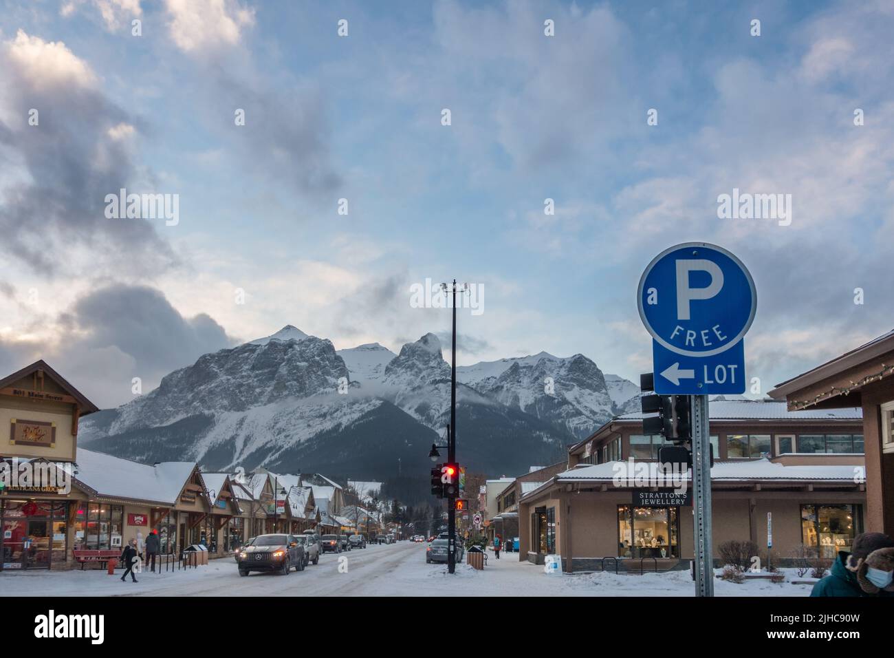 Canmore, AB, Canada-December 23, 2021: Winter street scene in the Rocky Mountain town. Stock Photo