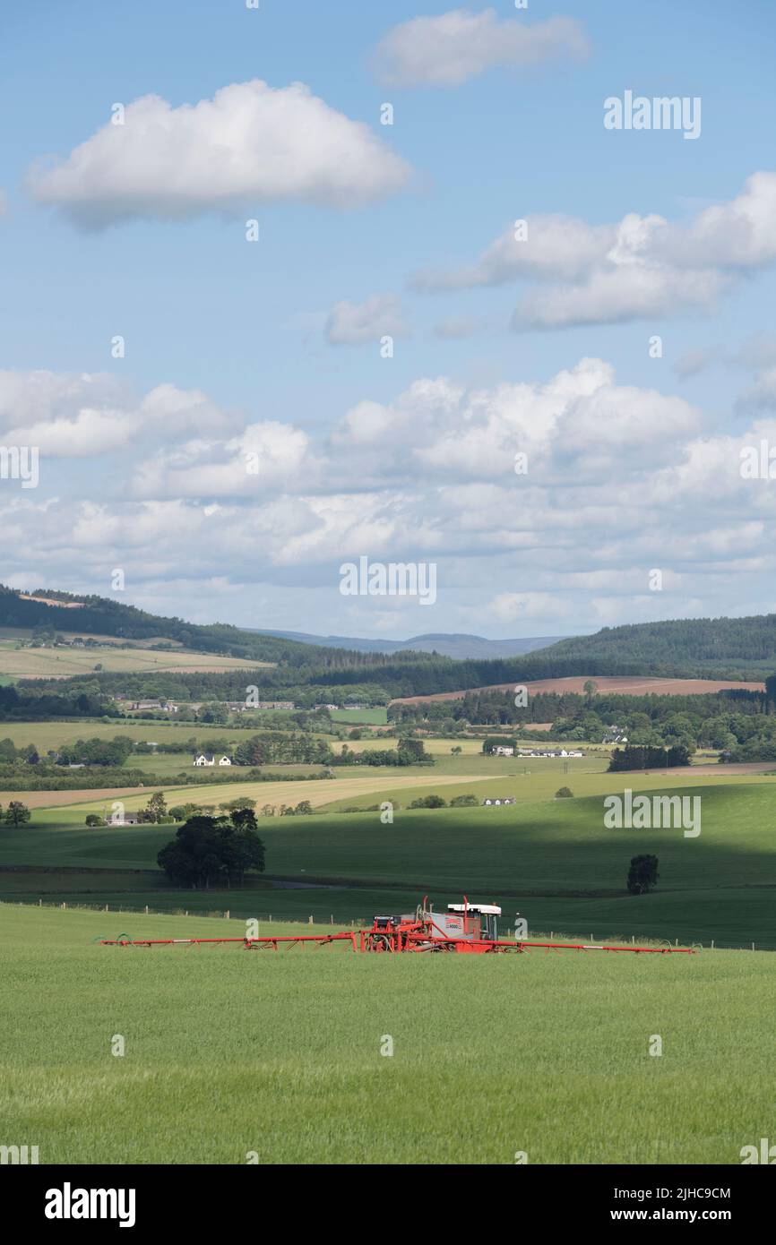 A Crop Spraying in a Field of Spring Barley on a Sunny Summer Morning with Scenic Views Over the Aberdeenshire Countryside. Stock Photo