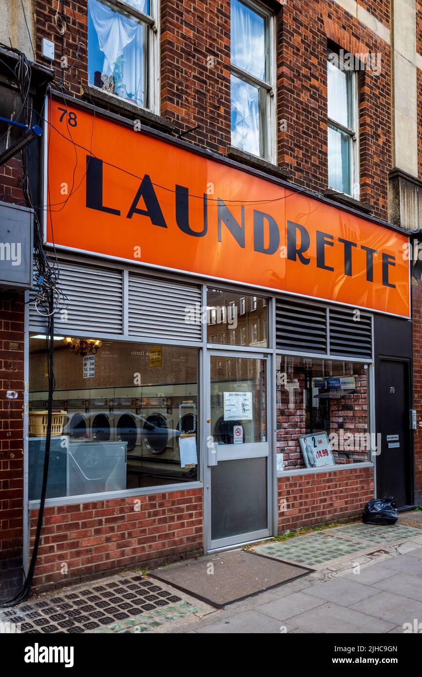 Laundrette Marchmont St Bloomsbury London - The Red & White Laundrette at 78 Marchmont Street Bloomsbury. London Laundrette. Stock Photo